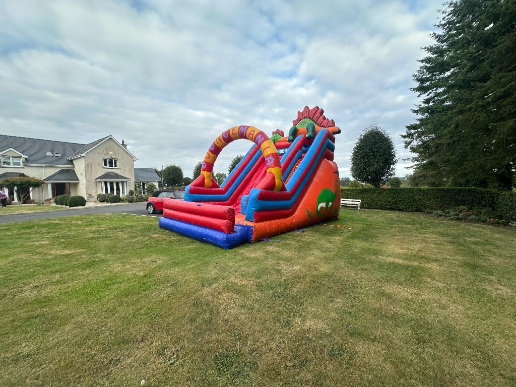 Dinosaur-themed inflatable double slide on a lawn at a customer home