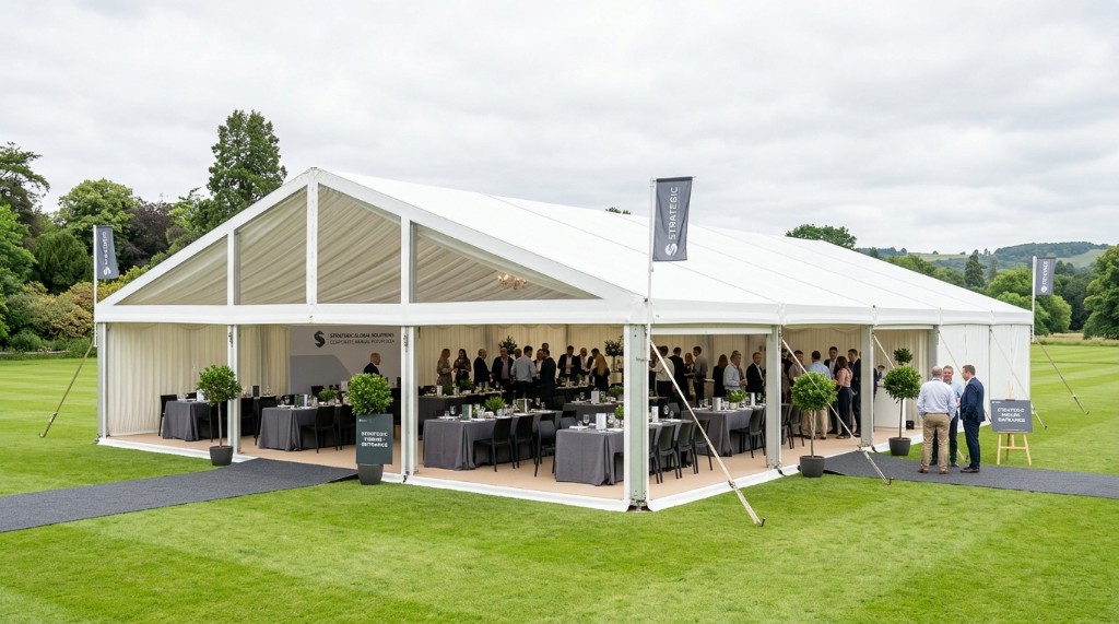 Large white corporate marquee on a lawn with guests dining inside, daytime