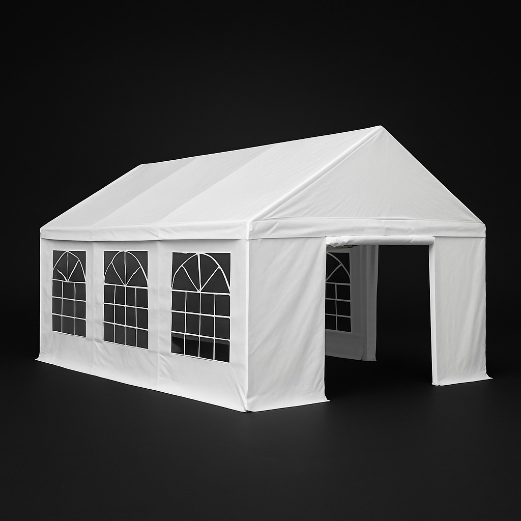 White party marquee with peaked roof and Georgian-style windows